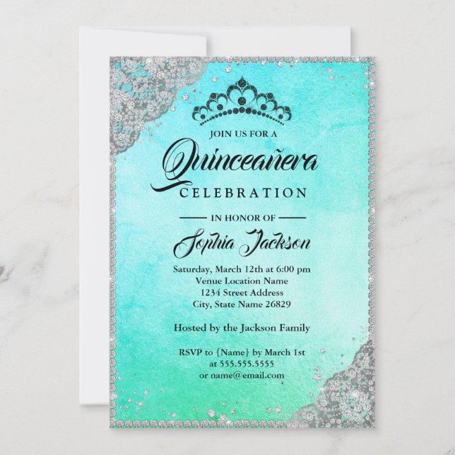 Diamond Lace Sparkle Blue Teal Quinceanera Invitation (Front)