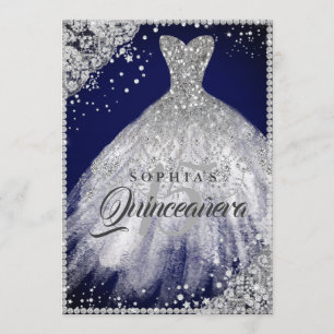 Diamond Lace Sparkle Gown Navy Quinceanera Invitation