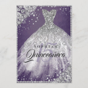 Diamond Lace Sparkle Gown Purple Quinceanera Invitation