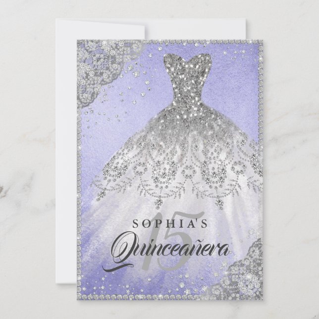 Diamond Lace Sparkle Gown Purple Quinceanera Invitation (Front)