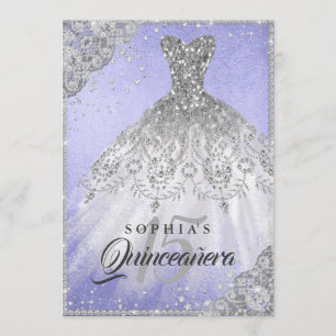 Diamond Lace Sparkle Gown Purple Quinceanera Invitation