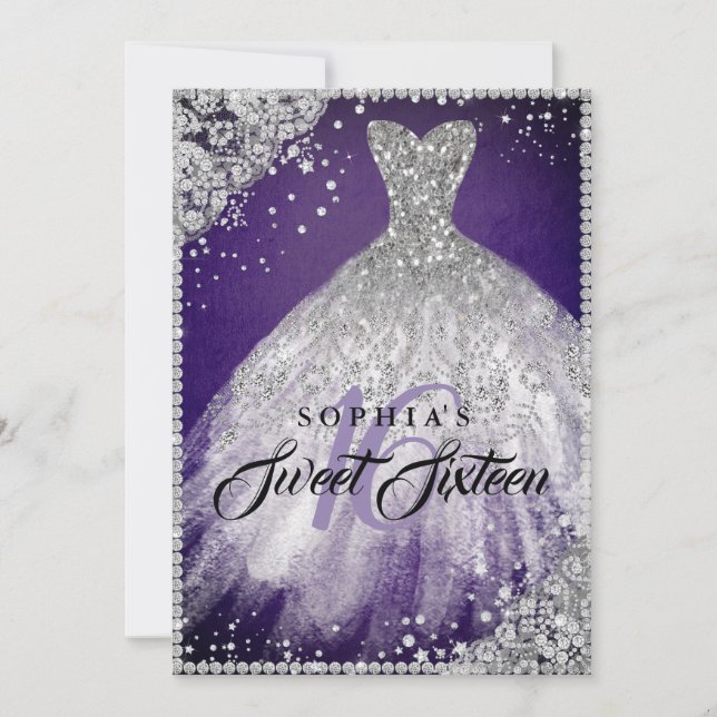 Diamond Lace Sparkle Gown Purple Silver Sweet 16 Invitation (Front)