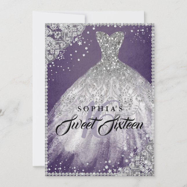 Diamond Lace Sparkle Gown Purple Sweet 16 Invitation (Front)
