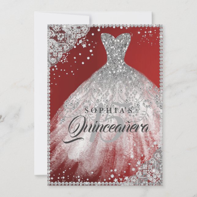 Diamond Lace Sparkle Gown Red Quinceanera Invitation (Front)
