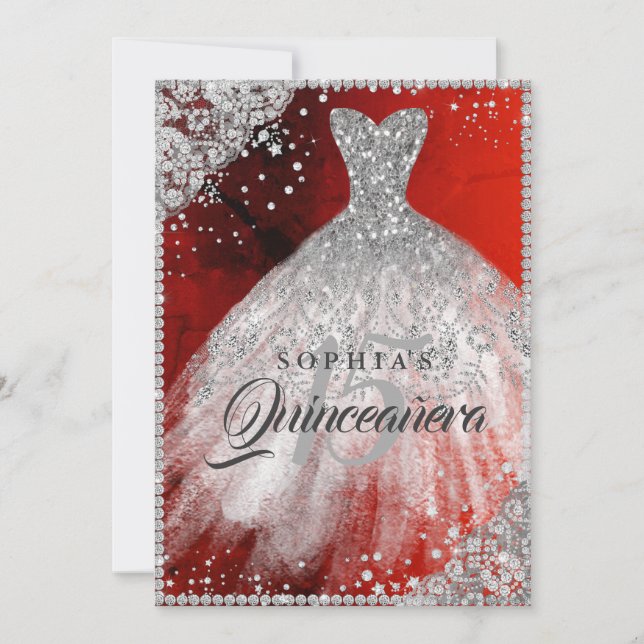 Diamond Lace Sparkle Gown Red Silver Quinceanera Invitation (Front)