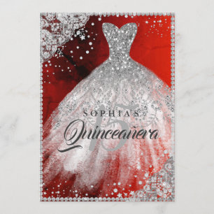 Diamond Lace Sparkle Gown Red Silver Quinceanera Invitation