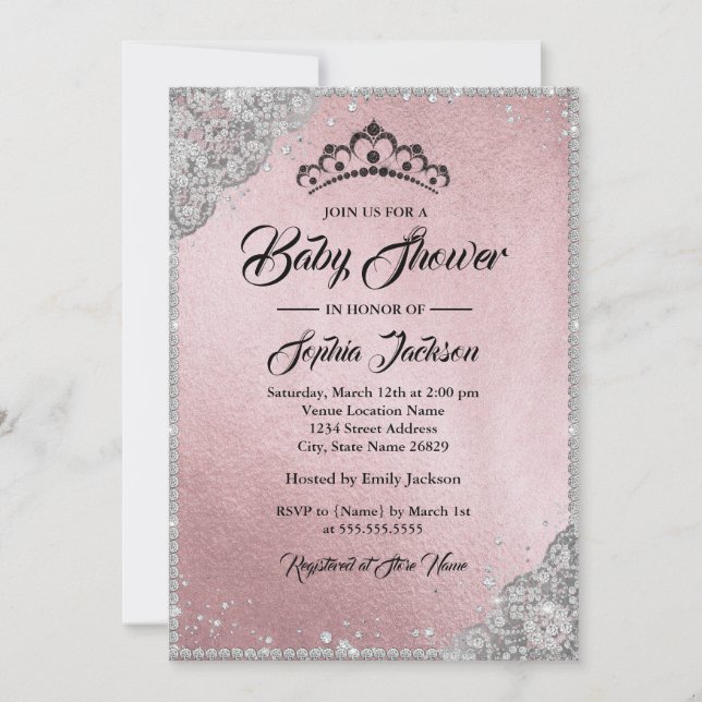 Diamond Lace Sparkle Pink Silver Girl Baby Shower Invitation (Front)