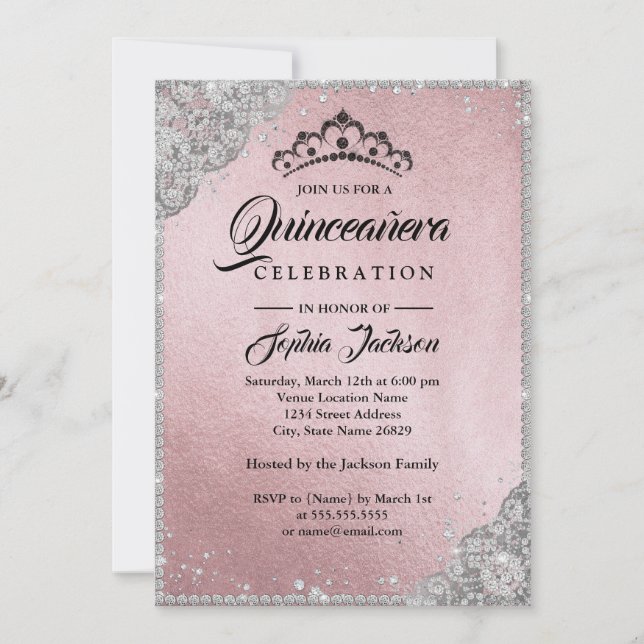 Diamond Lace Sparkle Pink Silver Quinceanera Invitation (Front)