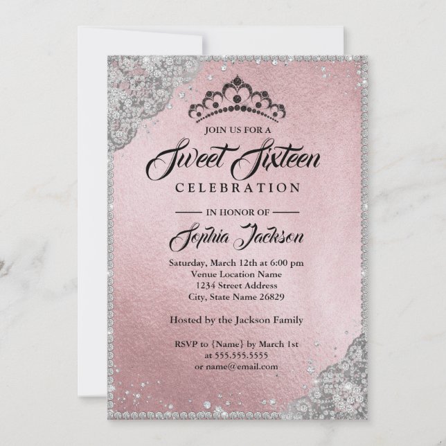Diamond Lace Sparkle Pink Silver Sweet Sixteen Invitation (Front)