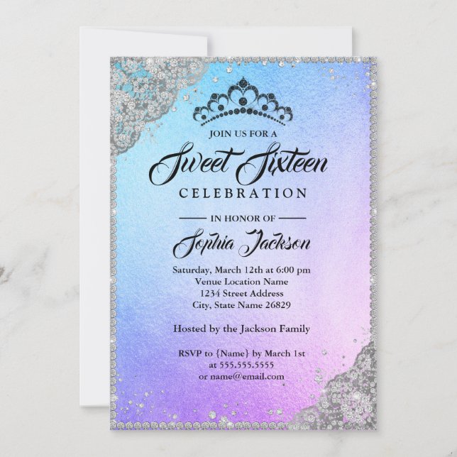 Diamond Lace Sparkle Purple Blue Sweet Sixteen Invitation (Front)
