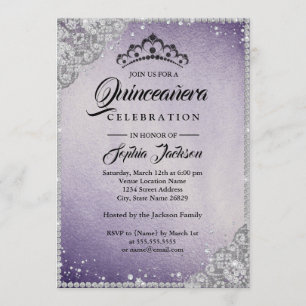Diamond Lace Sparkle Purple Quinceanera Invitation