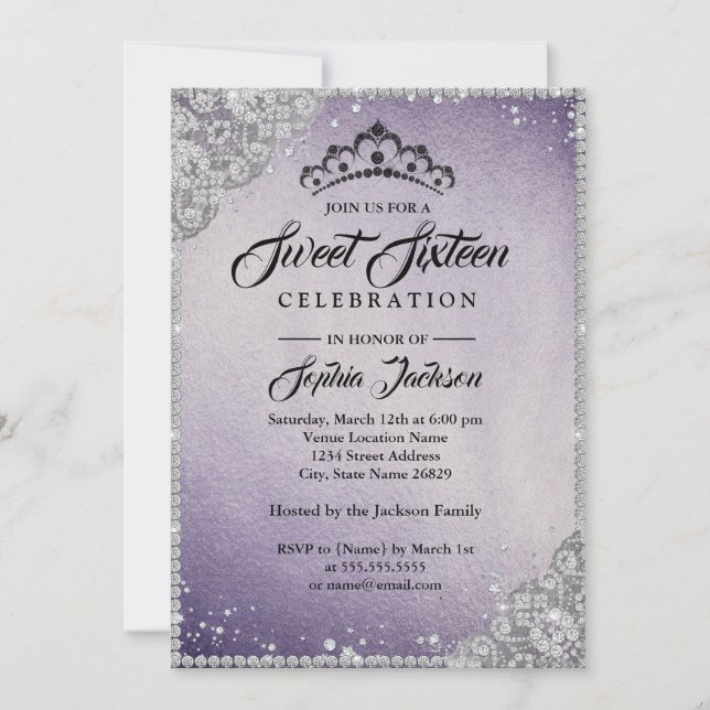 Diamond Lace Sparkle Purple Silver Sweet Sixteen Invitation (Front)