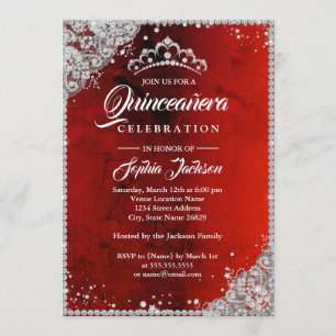 Diamond Lace Sparkle Red Silver Quinceanera Invitation