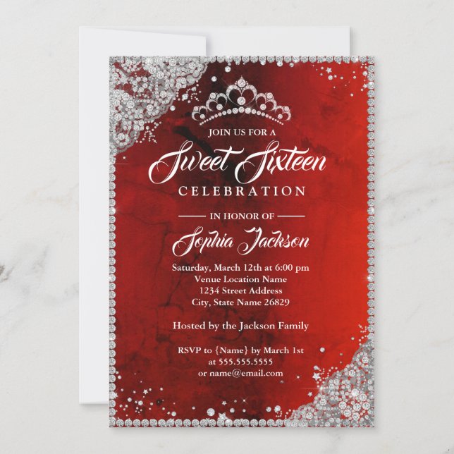 Diamond Lace Sparkle Red Sweet Sixteen Invitation (Front)