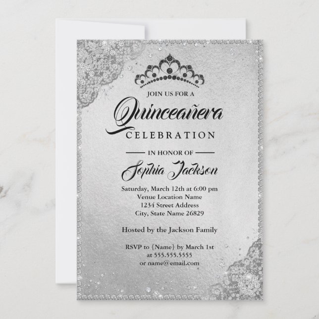 Diamond Lace Sparkle Silver Quinceanera Invitation (Front)