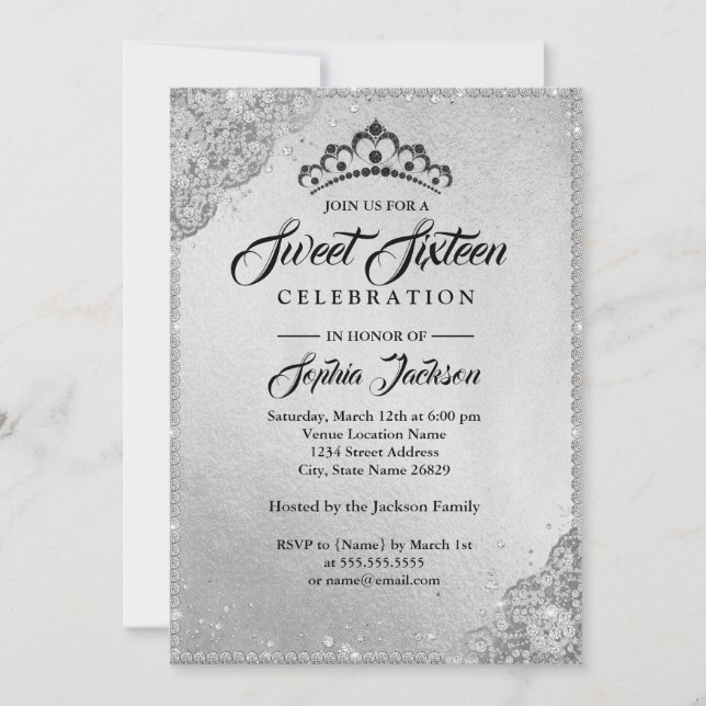 Diamond Lace Sparkle Silver Sweet Sixteen Invitation (Front)