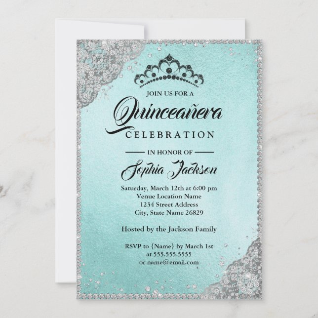 Diamond Lace Sparkle Teal Quinceanera Invitation (Front)