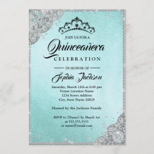 Diamond Lace Sparkle Teal Quinceanera Invitation