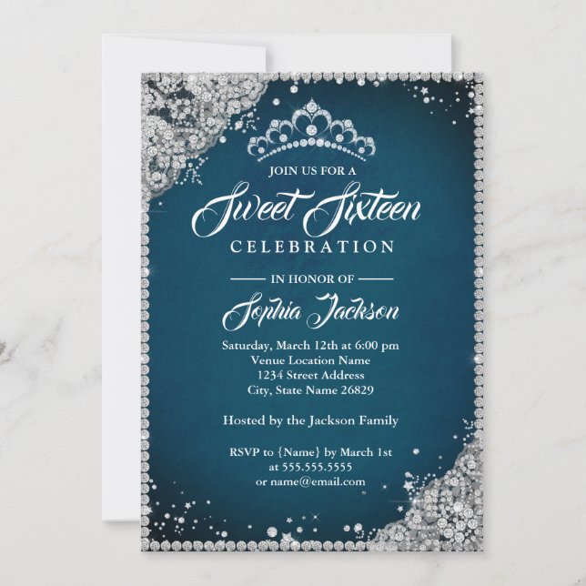 Diamond Lace Sparkle Tiara Blue Silver Sweet 16 Invitation (Front)