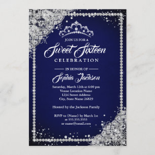 Diamond Lace Sparkle Tiara Navy Sweet Sixteen Invitation