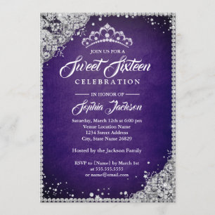 Diamond Lace Sparkle Tiara Purple Sweet Sixteen Invitation