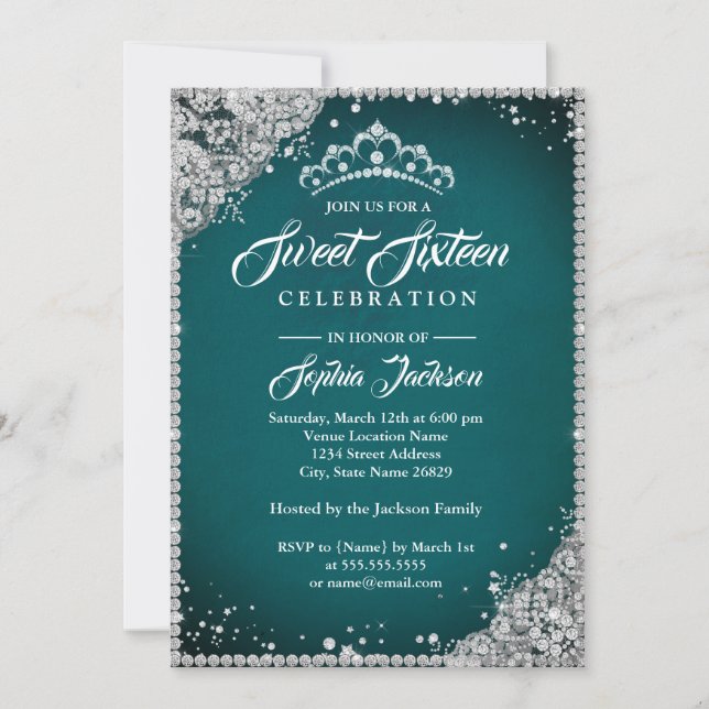 Diamond Lace Sparkle Tiara Teal Silver Sweet 16 Invitation (Front)