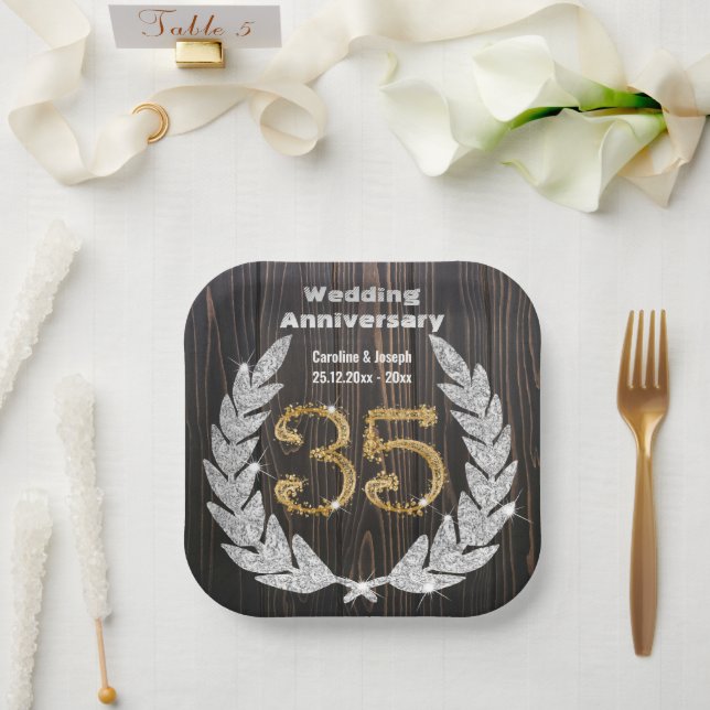Diamond Laurel & 35TH Gold, Wedding Anniversary Pa Paper Plate (Wedding)