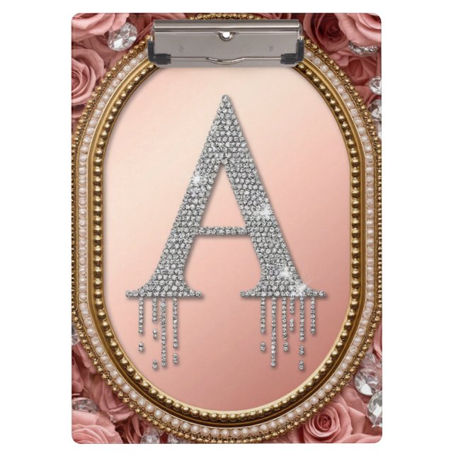 Diamond Letter A Monogram in Gold Frame with Pink  Clipboard (Front)