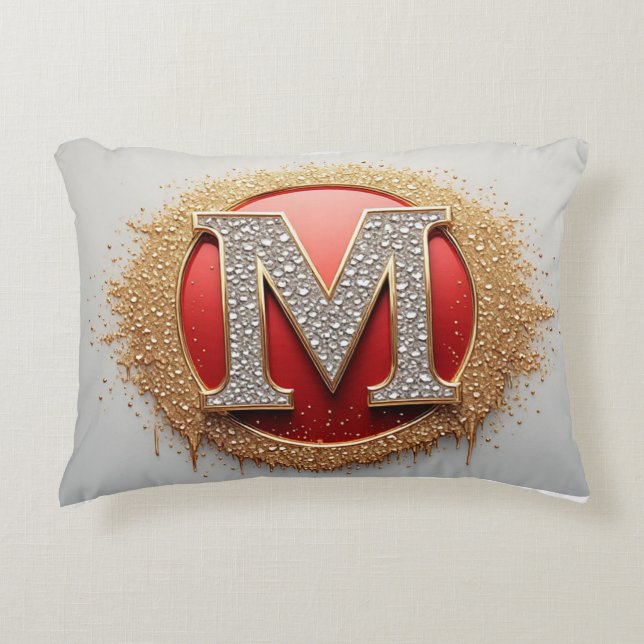 Diamond Letter M Red Medallion Gold Monogram Decorative Cushion (Front)