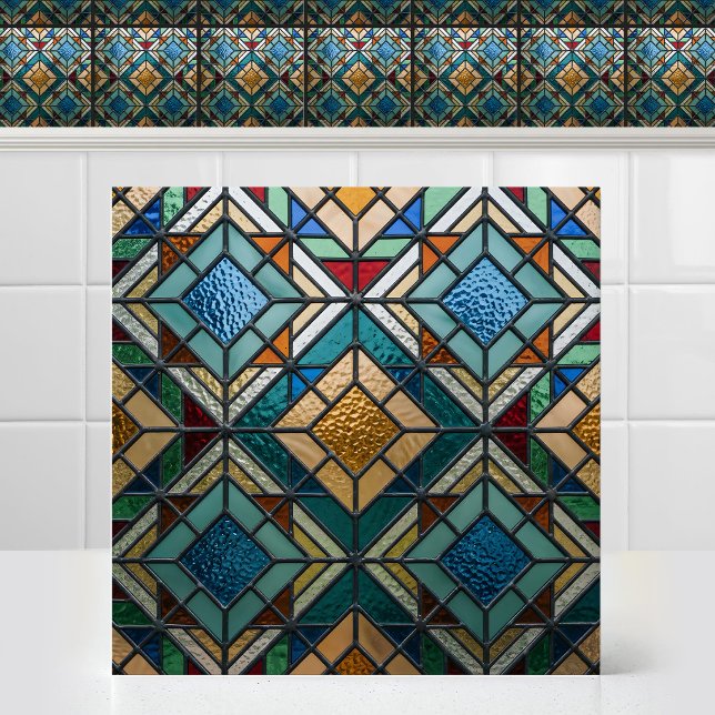 Diamond Matrix Colourful Abstract Stained Glass Ar Tile (Beige, Teal, Blue Antique Diamond Matrix Colorful Abstract Stained Glass Art Ceramic Tile)