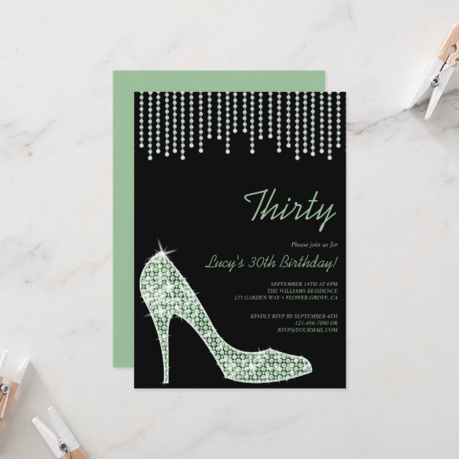 Diamond Mint Stiletto & Beads 30th Birthday Invitation (Front/Back In Situ)