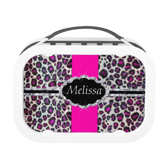 Diamond Monogram Pink Cheetah Print Lunch Box (Front)
