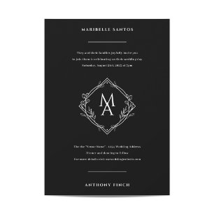 Diamond Monogram With Flowers in Black Wedding Invitation