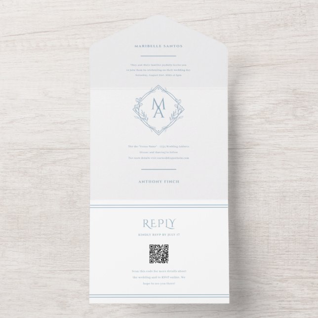 Diamond Monogram With Flowers Trifold Wedding All In One Invitation (Inside)