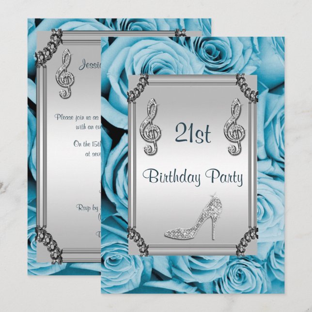 Diamond Music Note, Stiletto & Blue Roses 21st Invitation (Front/Back)