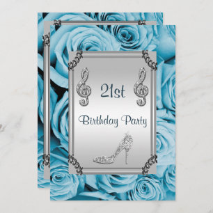 Diamond Music Note, Stiletto & Blue Roses 21st Invitation