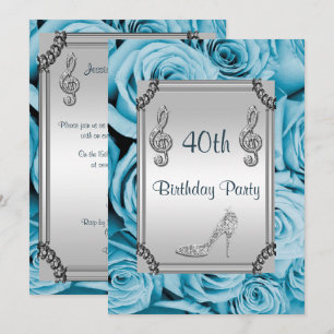 Diamond Music Note, Stiletto & Blue Roses 40th Invitation