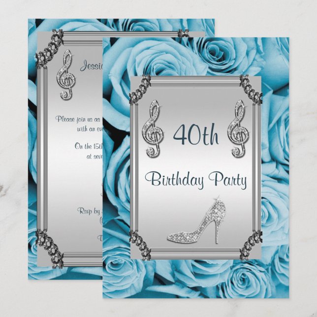Diamond Music Note, Stiletto & Blue Roses 40th Invitation (Front/Back)