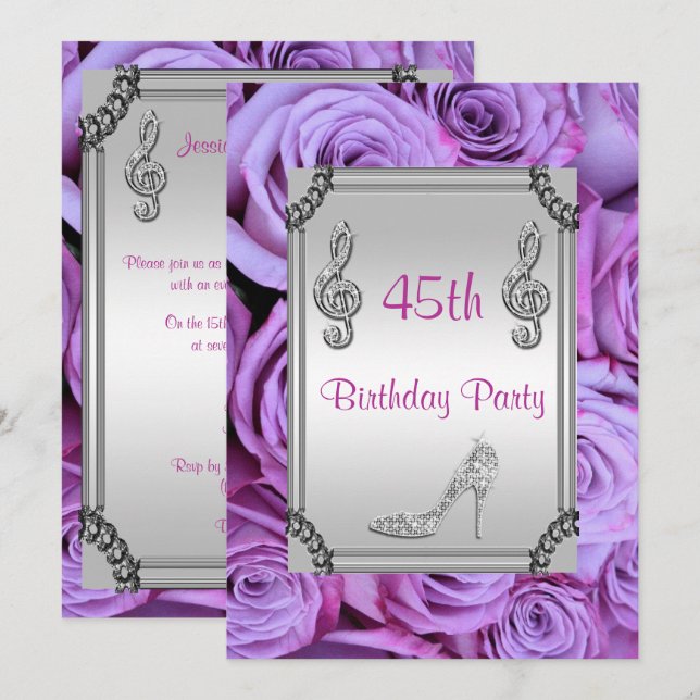 Diamond Music Note, Stiletto & Lilac Roses 45th Invitation (Front/Back)