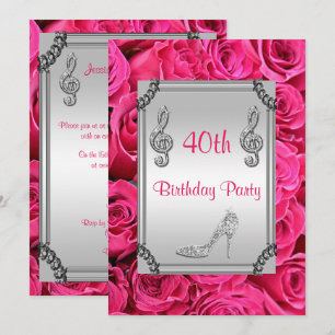 Diamond Music Note, Stiletto & Pink Roses 40th Invitation