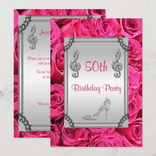 Diamond Music Note, Stiletto & Pink Roses 50th Invitation