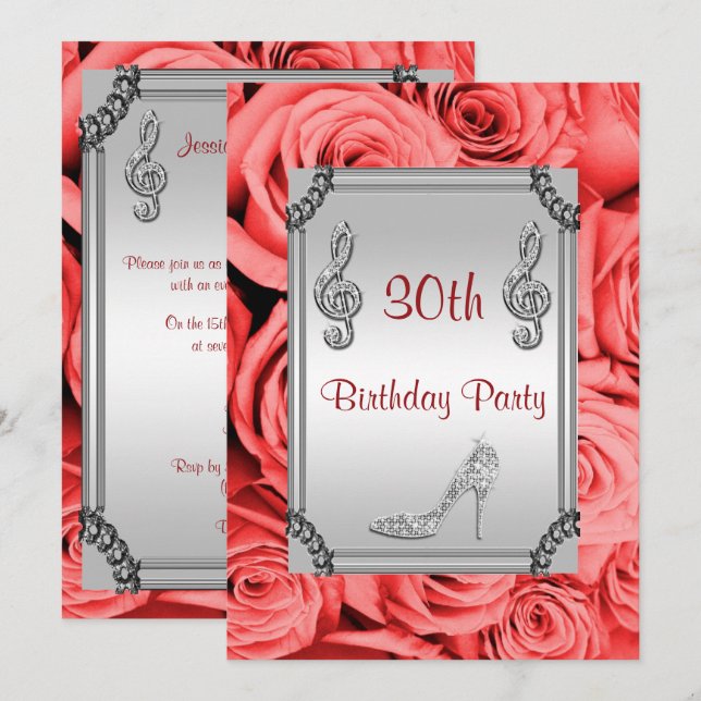 Diamond Music Note, Stiletto & Red Roses 30th Invitation (Front/Back)