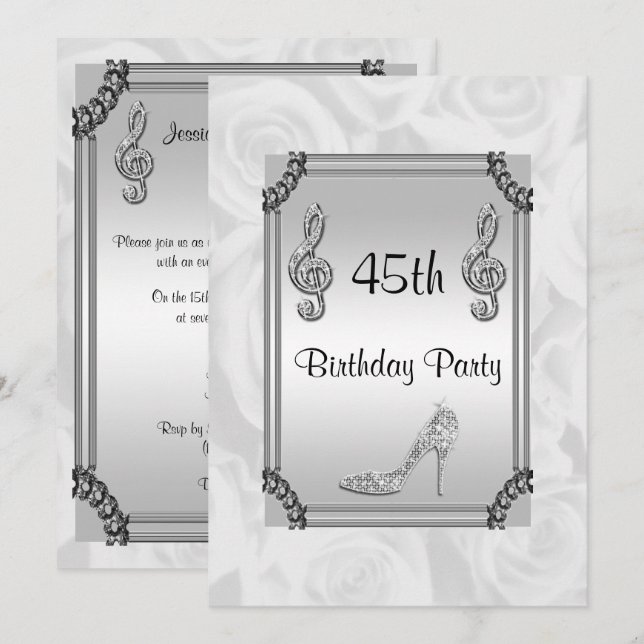 Diamond Music Note, Stiletto & White Roses 45th Invitation (Front/Back)