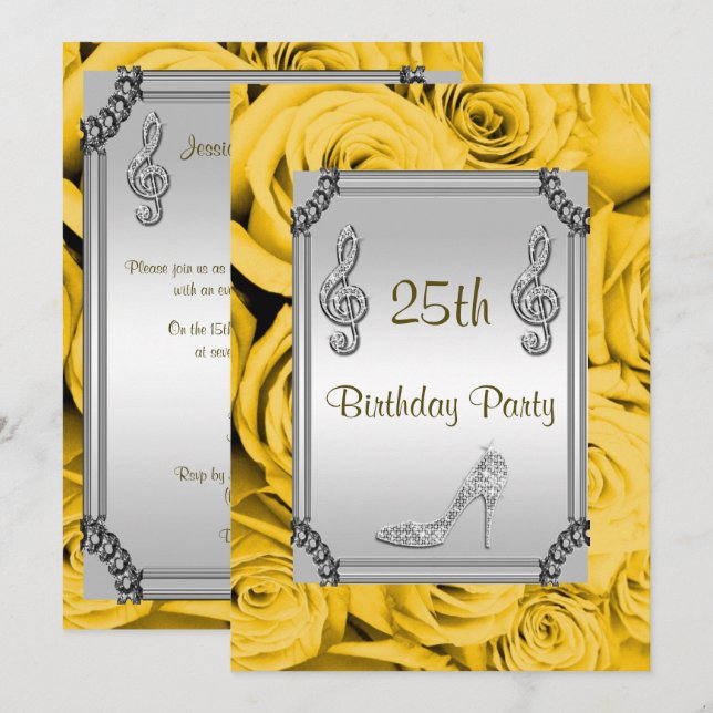 Diamond Music Note, Stiletto & Yellow Roses 25th Invitation (Front/Back)