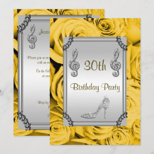 Diamond Music Note, Stiletto & Yellow Roses 30th Invitation