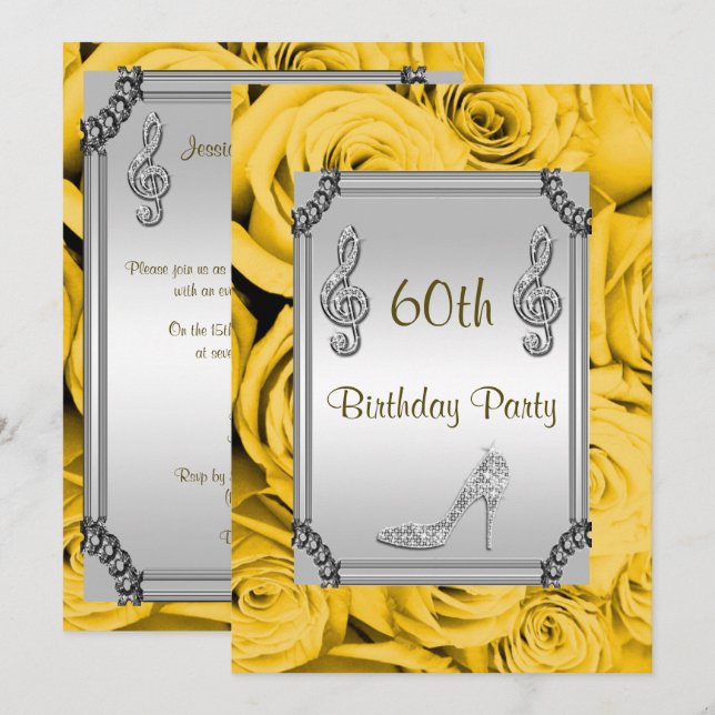 Diamond Music Note, Stiletto & Yellow Roses 60th Invitation (Front/Back)