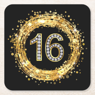 Diamond Number 16 Glitter Bling Confetti gold Square Paper Coaster
