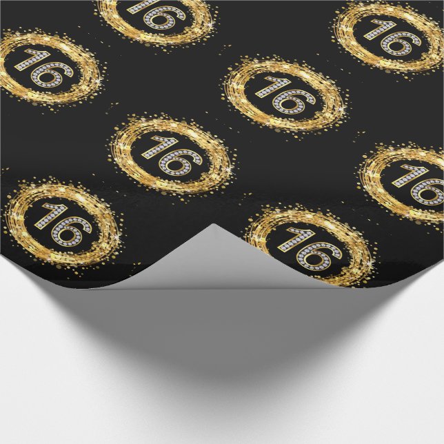 Diamond Number 16 Glitter Bling Confetti | gold Wrapping Paper (Corner)