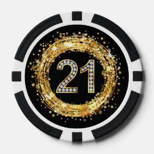 Diamond Number 21 Glitter Bling Confetti   gold Poker Chips