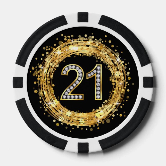 Diamond Number 21 Glitter Bling Confetti | gold Poker Chips (Front)